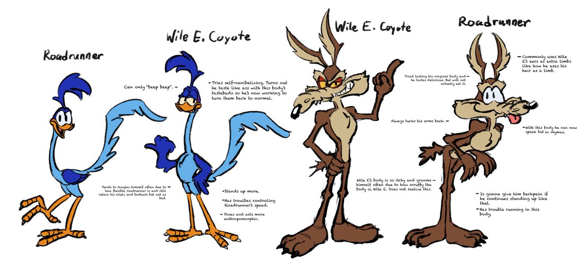 GooseMakesArt's tweet photo. My take on a Wile E. Coyote and Roadrunner Bodyswap AU
Will post sketches of it someday or later
#wilerunner https://t.co/uCgDtYFAnY