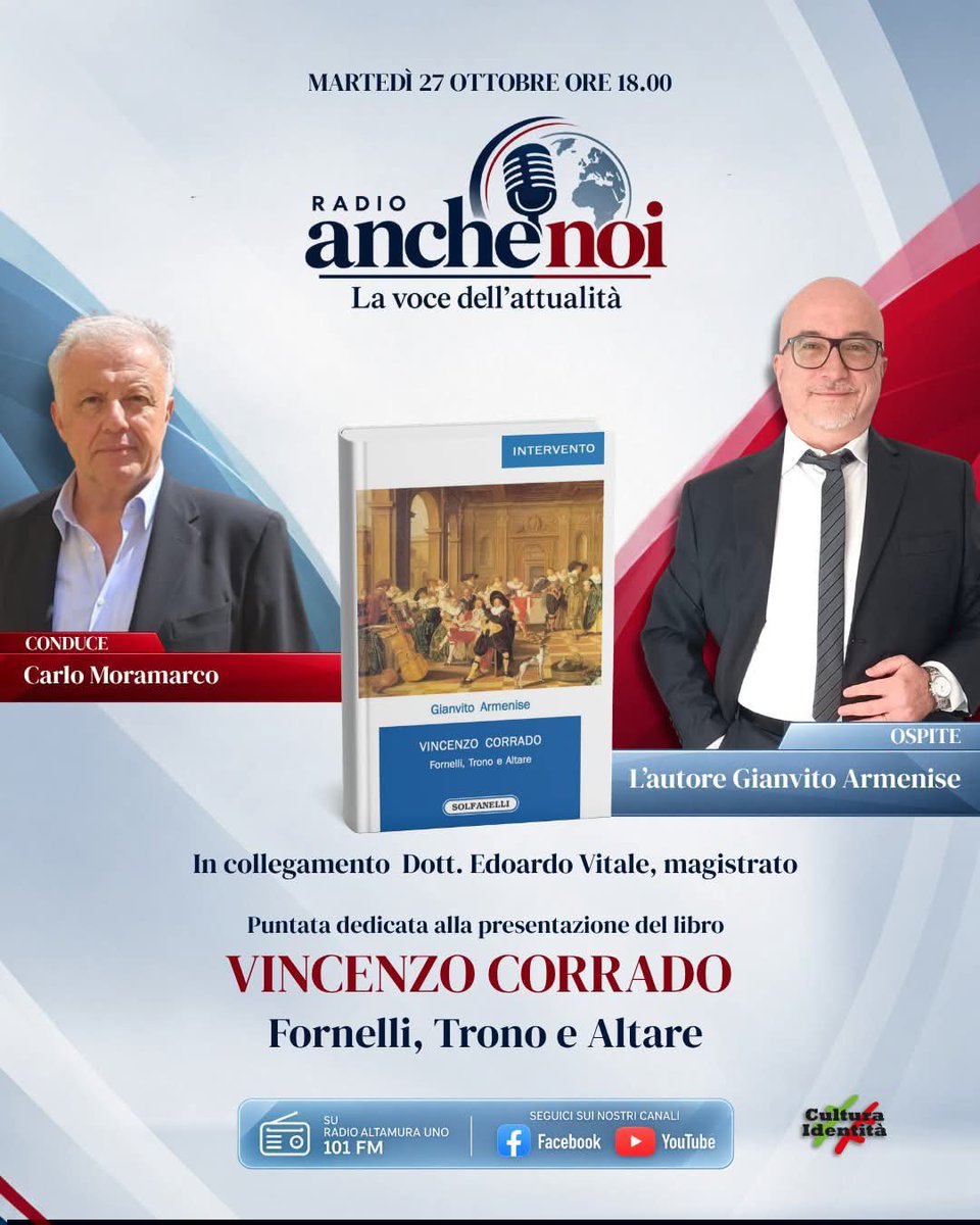GianvitArmenise's tweet photo. Ci vediamo su #radioaltamurauno oggi alle 18.00 per la presentazione del mio saggio "Vincenzo Corrado. Fornelli, Trono e Altare" (@ESolfanelli)
Il caro amico Carlo Moramarco condurrà l'intervista ed in collegamento da Napoli, l'altrettanto caro amico Edoardo Vitale
#saggistica https://t.co/jM3JwK63bb