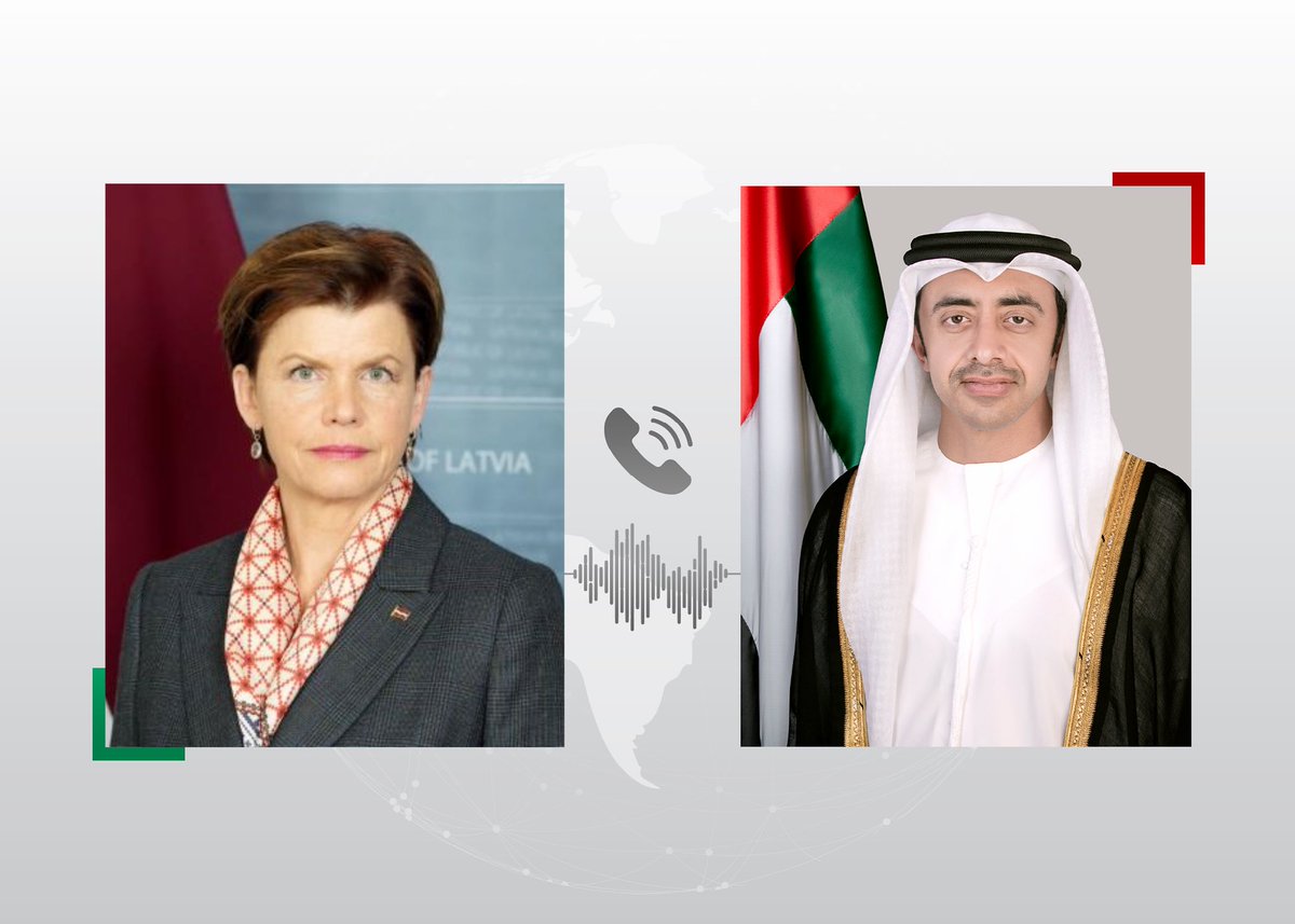 OFMUAE's tweet photo. Abdullāhs bin Zajīds un @Braze_Baiba telefonsarunā pārrunāja 🇦🇪-🇱🇻 divpusējo attiecību stiprināšanu un sadarbības paplašināšanu dažādās nozarēs. Abas puses arī apmainījās viedokļiem par jaunākajām reģionālajām un starptautiskajām norisēm. https://t.co/lOI8LsIBBE