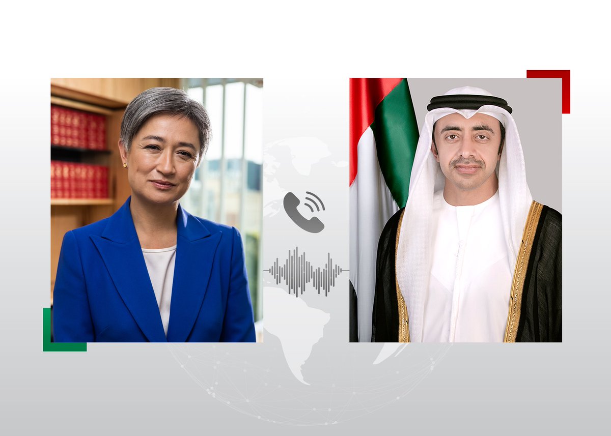 OFMUAE's tweet photo. عبدالله بن زايد و معالي بيني وونغ، وزيرة خارجية أستراليا، يبحثان هاتفياً العلاقات الثنائية بين 🇦🇪و🇦🇺 وسبل تعزيز التعاون المشترك في إطار الشراكة الاقتصادية الشاملة بين البلدين، إضافةً إلى المستجدات الإقليمية والدولية. https://t.co/HlEMCNJCW6