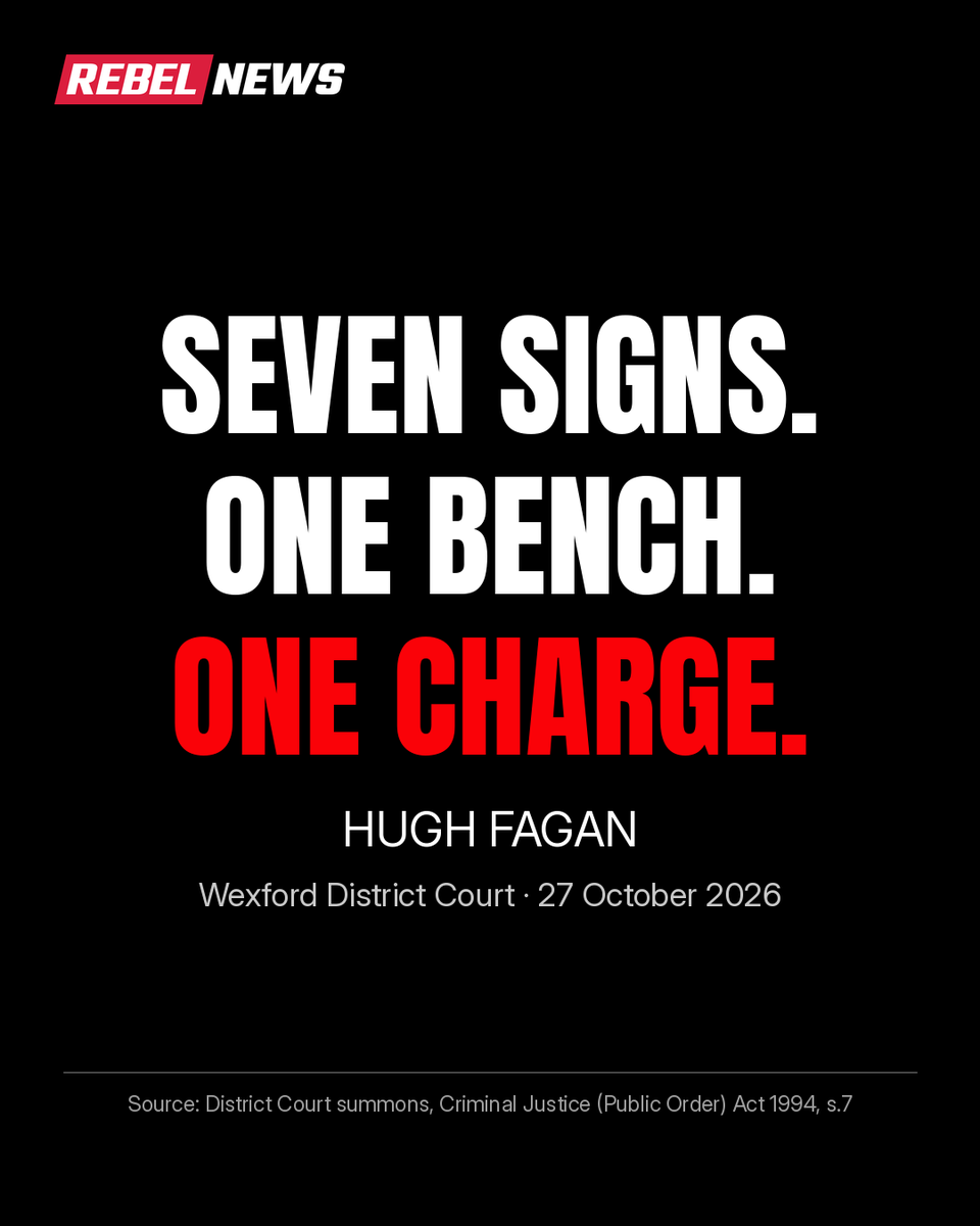 ezralevant's tweet photo. Today in Wexford, Ireland takes a man to court for a sign.

Not a riot. Not a punch. A sign.

His name is Hugh Fagan. He sits on a bench in the town square with his homemade signs and his headphones on.

Here's the case. 👇 https://t.co/FKluQFimH6
