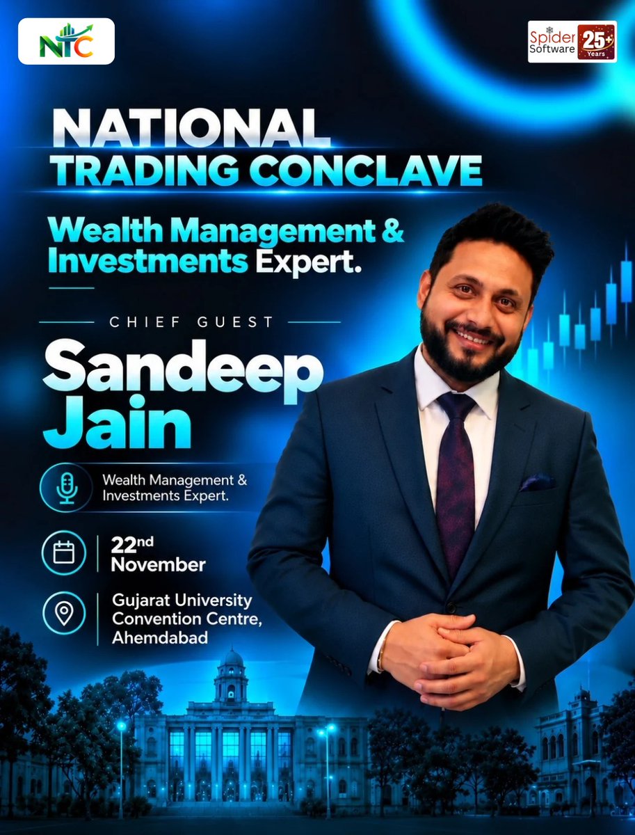 SpiderSoftIn's tweet photo. We are proud to welcome Mr. @SandeepKrJainTS , Wealth Management & Investments Expert, at the National Trading Conclave 2026.

Join us on 22nd November 2026 at Gujarat University Convention & Exhibition Centre, Ahmedabad. A day full of Trading Strategies & Market knowledge.

Seats are filling fast! Register now to secure your spot.

Registration Link: https://t.co/6em3bQJX8K