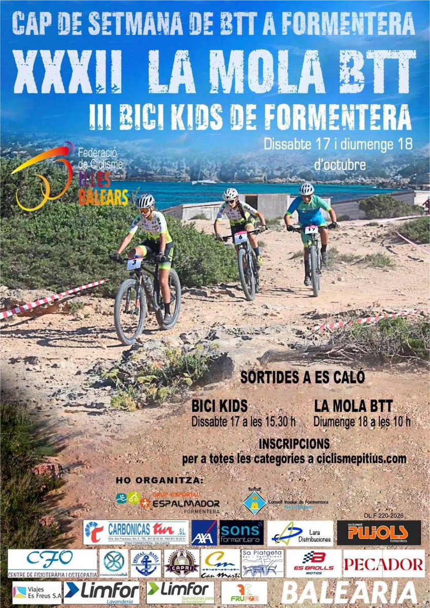 _FCIB's tweet photo. PRÓXIMAS COMPETICIONES

31 de octubre
"III BICIKIDS DE FORMENTERA"

01 de noviembre
"5è XCO ARTANENC"

01 de noviembre
"XXXII LA MOLA BTT"

01/11, 22/11 y 20/12
"RUTAS DE TARDOR 2026"

Toda la INFO en Instagram y Facebook. https://t.co/xil8s3JFs1