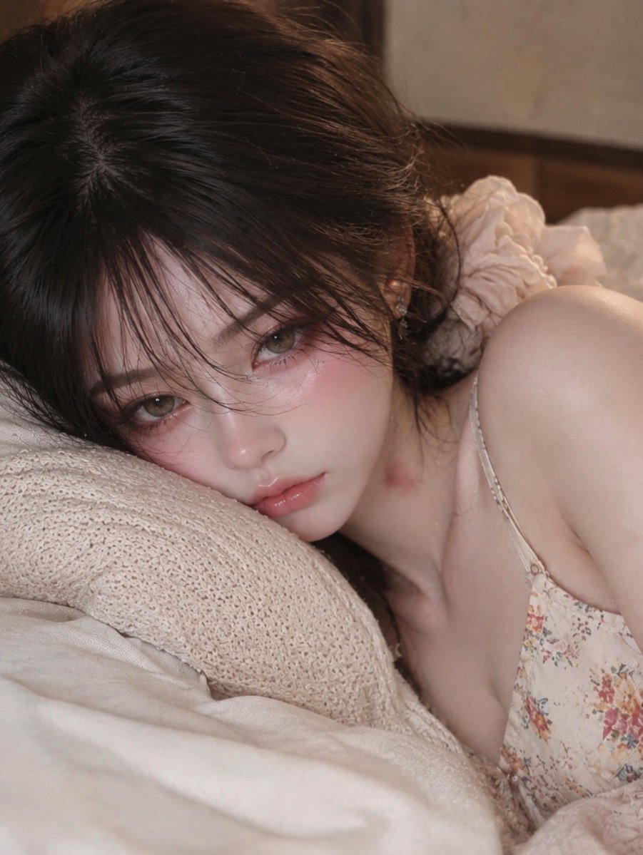Dandanjrae's tweet photo. 来种草莓🍓

prompt
人物侧躺在床上，她右侧颈边，下颌下面有一块不规则一点，边缘散、中心稍深，有点红紫色的小斑驳感的印子。
图3多加了一句话 伸手碰颈侧的印子💋 https://t.co/mwvAjbrV4X