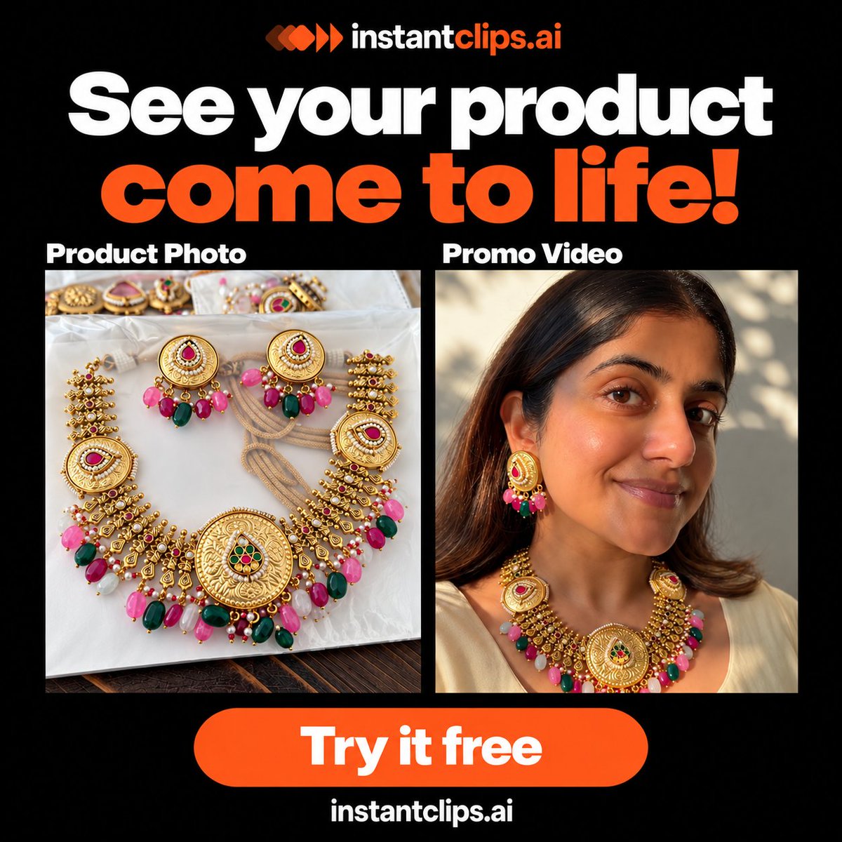 InstantClipsAI's tweet photo. See your product come to life.
Start a promo video from your product link, with a script you review first.

Try it free: https://t.co/FbhpvVs9Y7
Starter: US$39 pack for 3 new 20s videos at 720p.
#InstantClips https://t.co/vg33IoRsg3