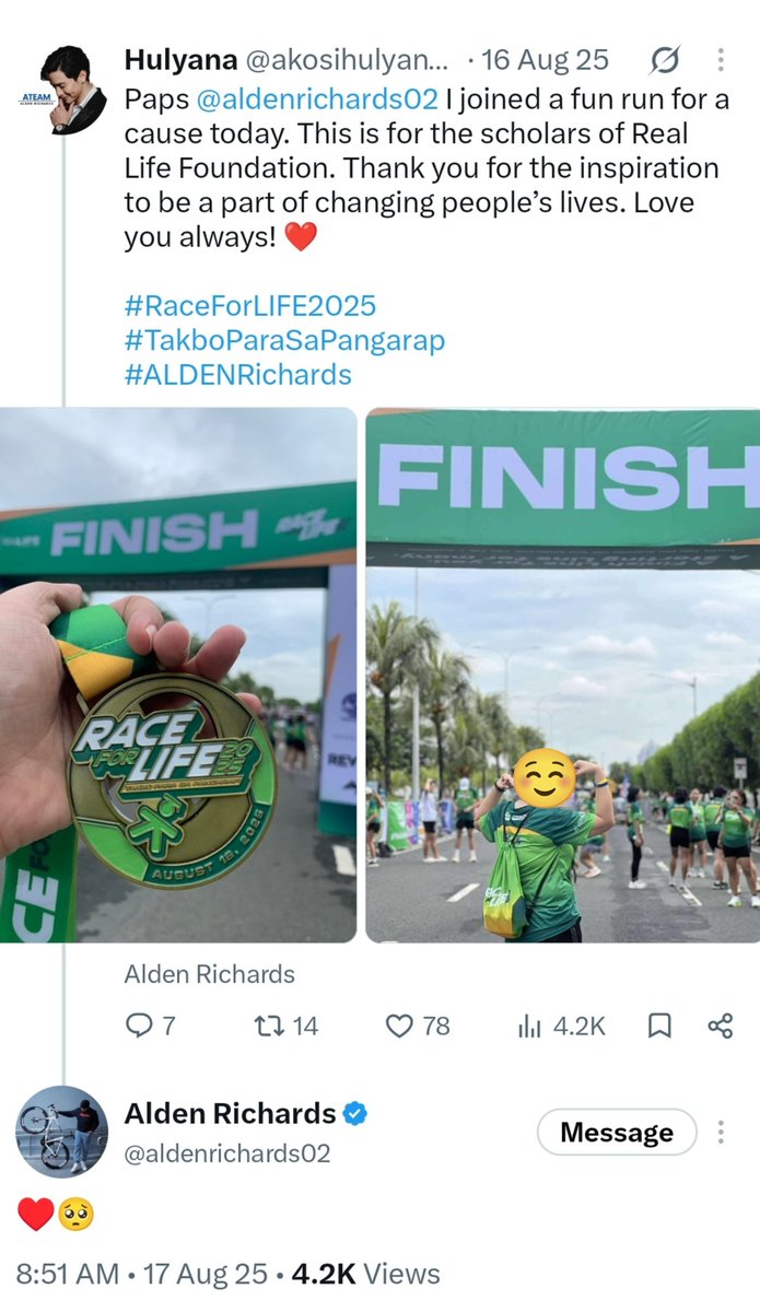 akosihulyana24's tweet photo. From joining a fun run for a cause to receiving a heart from you Paps, this moment will always be special to me. Thank you for inspiring us to spread love, kindness and goodness. Love you infinitely! 🥹❤️

@aldenrichards02 
#TheALDENEffect 
#ALDENRichards 
ALDENxLegacy OfGoodness https://t.co/VPm6g9Ibhz