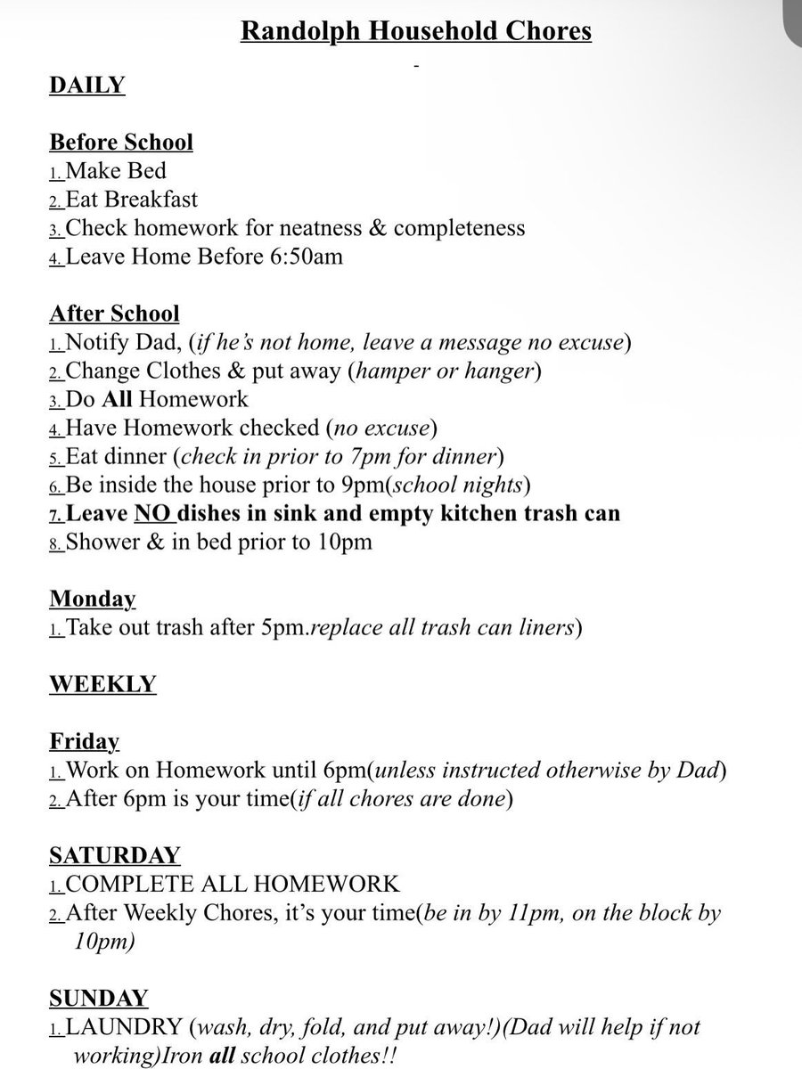 AkadeBemsen's tweet photo. My dad sent me my chore list from when I was a kid.. this shit started at 8 years old… my pop was the coolest man on earth but he had hella structure &amp; rules in the house https://t.co/DAvspACEf4