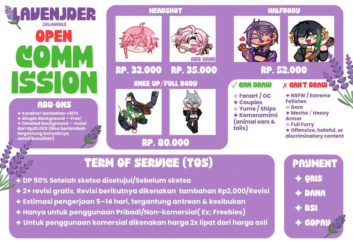 Llavenly's tweet photo. [❤ &amp; 🔁 are appreciated!]

🎨OPEN COMMISSION ! 
Lagi nyari orang buat gambar OC, Oshi atau buat freebies?, I'm the right one for yall! 

Kalau tertarik bisa DM X/IG/DC (@LLavenly).  Jangan lupa mention habis DM yaw!
#Zonauang #artidn
#chibicommission #Bealanja #ArtistsofSEA_cms https://t.co/Zeaety5CP3