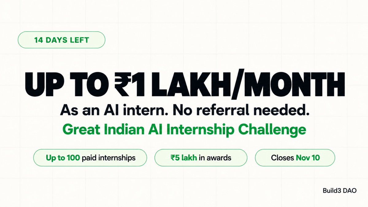 Build3DAO's tweet photo. ₹1 lakh a month as an intern.

Yes, really and the deadline is in 14 days.

Here's your 14-day plan for @GnaniAi's Great Indian AI Internship Challenge:

Days 1-3: Register and pick a real Indian problem (a Kannada crop helpline, a Hinglish order bot for a kirana store)
Days 4-10: Build it on Gnani's speech and language models
Days 11-12: Record a 60-second demo
Days 13-14: Post it on X or LinkedIn with their official hashtags and submit

What's on the table:

•  Up to 100 paid 6-month internships, up to ₹1 lakh/month
•  ₹5 lakh in awards, including best 60-second demo and a public-vote award
•  Open to college students in India, 18+ and solo or team of 2

Even if you don't make the shortlist, you walk away with a real AI project on your resume.

Deadline: Nov 10, 11:59 PM IST
Register: https://t.co/M7j89aQinq

Follow @Build3DAO, we post these every week.