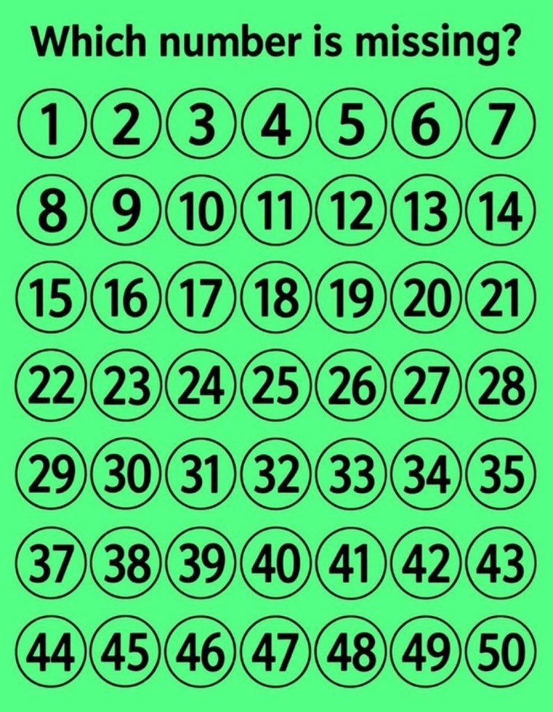 MindMaster_00's tweet photo. Is there one number missing from the list of numbers from 1 to 50?? 

Can you find the missing number???🤔 https://t.co/67k7NAMlsO