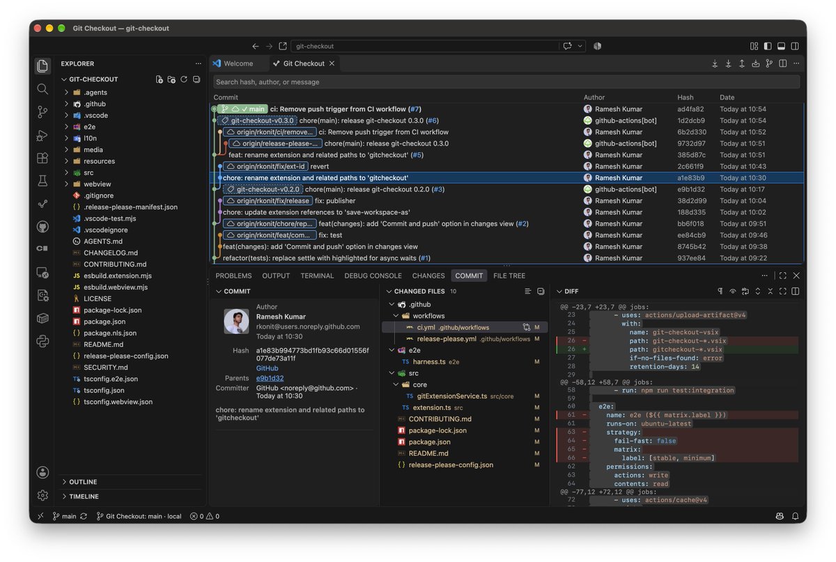 rkonit's tweet photo. Meet Git Checkout: a free graphical Git client inside @code that looks and keys like VS Code.

Commit graph, staging, branches, rebase, merge conflicts… without switching apps. https://t.co/qNyNY2DSGR