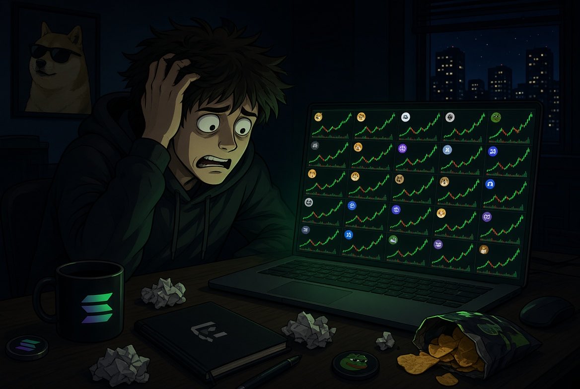 solfawls's tweet photo. The memecoin meta right now feels selective, not dead.
Attention is rotating faster and people are tired of pure AI slop.
Watching which narratives actually hold community after the first pump.
What are you seeing move that isn’t just another launchpad copy?
Post 3 – Meme
Me trying to spot the next narrative:
opens X
sees 47 new tokens in 10 minutes
closes X
GM if you’re still grinding.
Post 4 – Observation
Most people lose in the trenches because they treat every new pair like a lottery ticket.
The ones who stay consistent treat it like a skill:
•  limited size
•  clear invalidation
•  exit plan before entry
Simple, but almost nobody does it.
Post 5 – Community
GM trenches.
How many of you are actually trading today vs just watching?
Drop “trading” or “watching”.