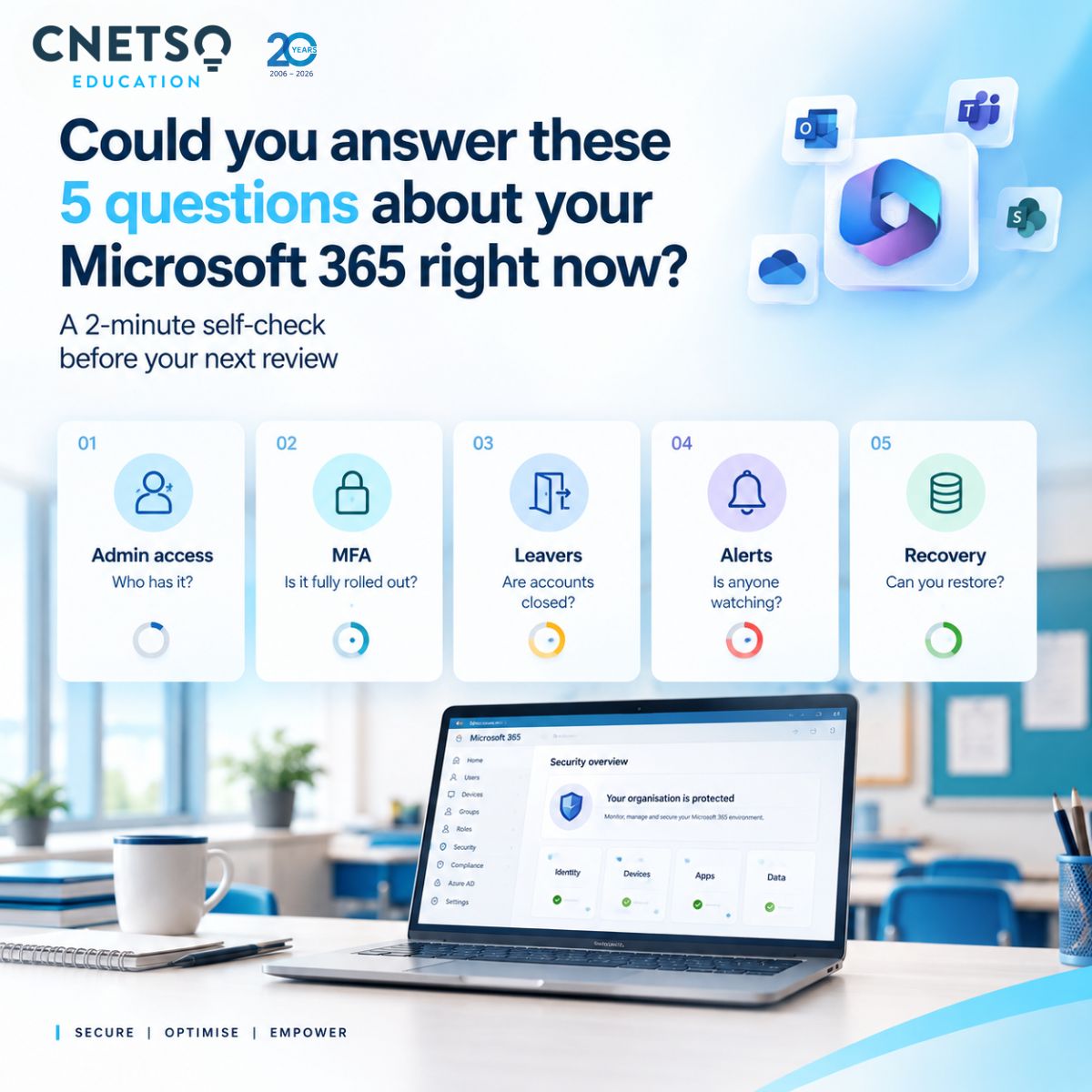 Cnetso's tweet photo. Could you answer these 5 questions about your schoolβs email right now?
Who has admin access? Is MFA on for everyone? Are leavers closed off? Would you spot an odd sign-in? Are your backups tested?
Two minutes, no jargon.
#UKEdChat #EdTechUK #CyberSecurity #CNETSO https://t.co/7fvkXm638i