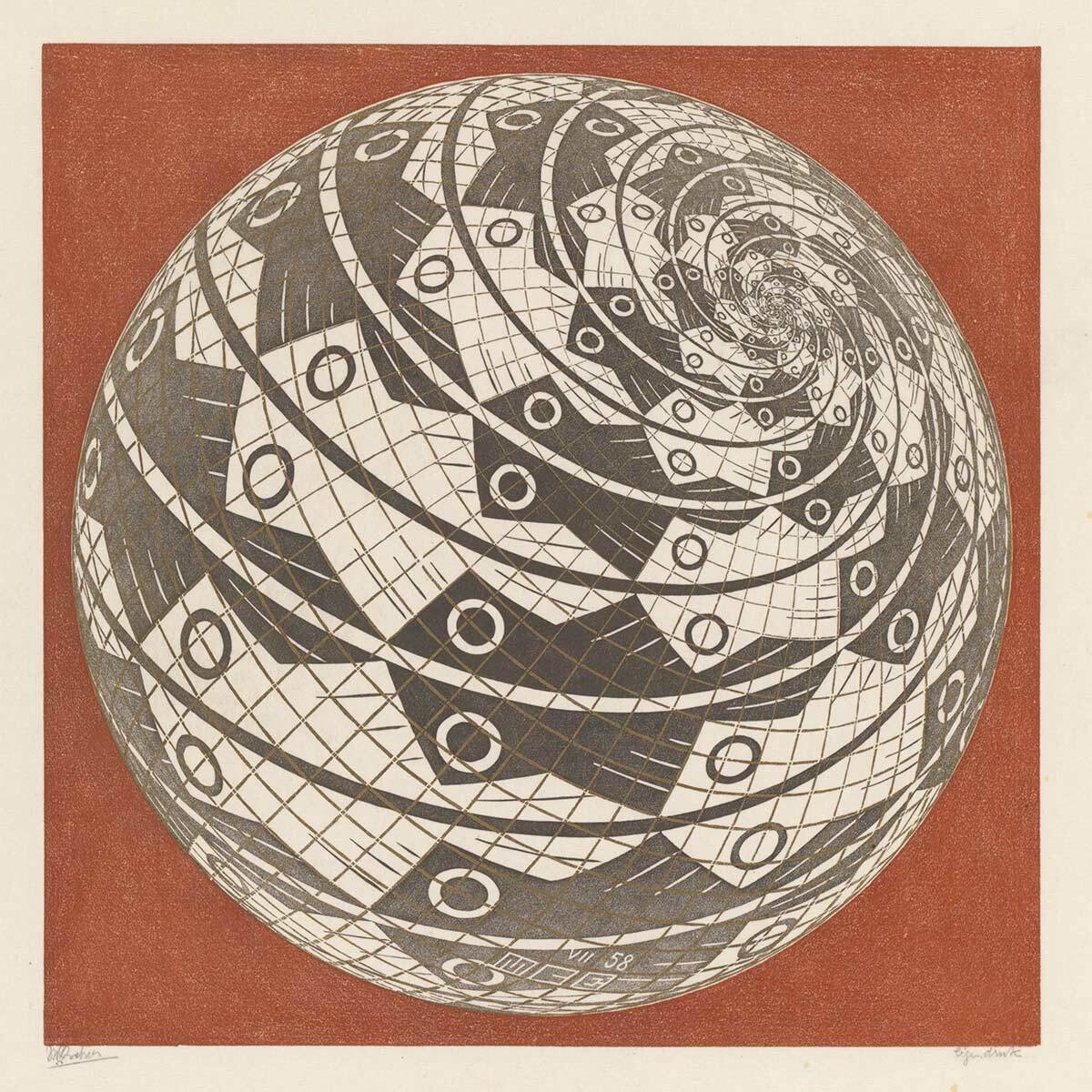 artistescher's tweet photo. Sphere Surface with Fish (1958) returns to a theme Escher first carved in 1940: twelve fish covering a beechwood ball. A sphere is the simplest surface that is finite yet unbounded, so his fish swim on with no edge to stop them. #artbots #escher https://t.co/LUdvwRA5NZ