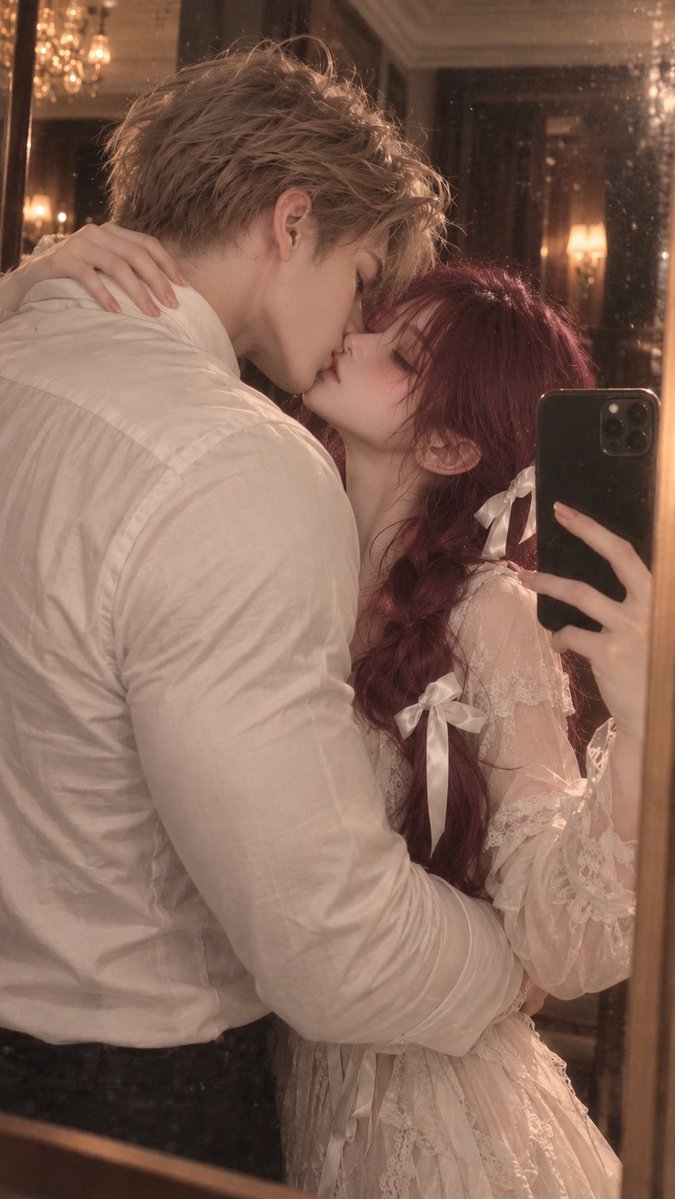 YueyueforLuis's tweet photo. 🪞

-自由使用

-prompt:

9:16 Vertical Composition | Hyper-realistic Couple’s Mirror Selfie | Close-up Intimate Shot | Vintage CCD Camera Aesthetic

Low-saturation warm gray-brown tones, soft golden-warm lighting, fine film grain, and a subtle soft-focus effect. Set in a hall with dark wood furniture, evoking a romantic, natural evening atmosphere.

Adult Male:

Tall and robust. Broad shoulders, a thick back, and strong arms; a V-taper physique (broad shoulders, narrow waist) with an upright posture, exuding a distinct sense of strength.

Wearing a fitted, pure white long-sleeved shirt that contours naturally to his shoulders, back, and arms.

Adult Female:

Petite and slender, with a graceful, delicate frame—creating a striking contrast in height and build compared to the male.

Wearing a long-sleeved dress with white lace trim; the fabric is soft and flowy, accented with delicate lace detailing.

Core Composition (Highest Priority)

An ultra-close-up mirror selfie, cropped at the waist. The focus is on their faces, shoulders, necks, and the embrace—no full-body shots.

The male stands with his back to the mirror; his broad shoulders and back dominate the foreground on the left side of the frame. He leans in, burying the side of his face near the female’s ear and neck, while his arms firmly encircle her slender waist.

The female is held within his embrace; her face is clearly visible above his shoulder. One of her hands rests on his broad back, while the other holds a black smartphone to take the selfie.

She tilts her head slightly, gazing into the lens via the mirror with a relaxed, sweet, and languid expression.

The male leans slightly forward, his broad shoulders and arms forming a protective embrace that naturally cradles the petite female.

Their bodies are pressed closely together, capturing an intimate, everyday moment between a couple—evoking a sense of natural closeness and security.

Emphasize the significant contrast in height, shoulder width, and overall build, as well as the atmosphere of intimate, close-knit affection.

Photography Requirements

A candid, real-life snapshot of a couple; hyper-realistic portrait photography. Natural skin texture, finely rendered hair strands, realistic fabric folds, and soft transitions of light and shadow.

Warm, golden, soft-focus lighting; a vintage CCD-sensor grain; a subtle, dreamy blur; a low-saturation, warm gray-brown color palette; and soft, nuanced detail in the shadows.

Natural mirror reflections, authentic hand-held poses for mobile devices, and realistic, logical positioning of overlapping limbs.

A single, cohesive image with consistent character appearance; no collages, no text, no anime-style aesthetics, no excessive skin smoothing, no extra or misplaced limbs, and anatomically correct human proportions.