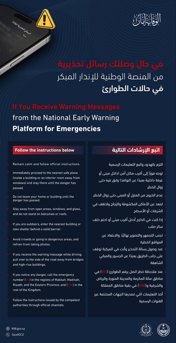 SaudiDCD's tweet photo. تم إطلاق إنذار من المنصة الوطنية للإنذار المبكر في حالات الطوارئ في مدينة الرياض للتحذير من خطر، اتبع الآتي:

A warning has been issued by the National Early Warning Platform in Riyadh City to alert of a potential danger. Please follow the instructions below: https://t.co/SCdOFxVeic