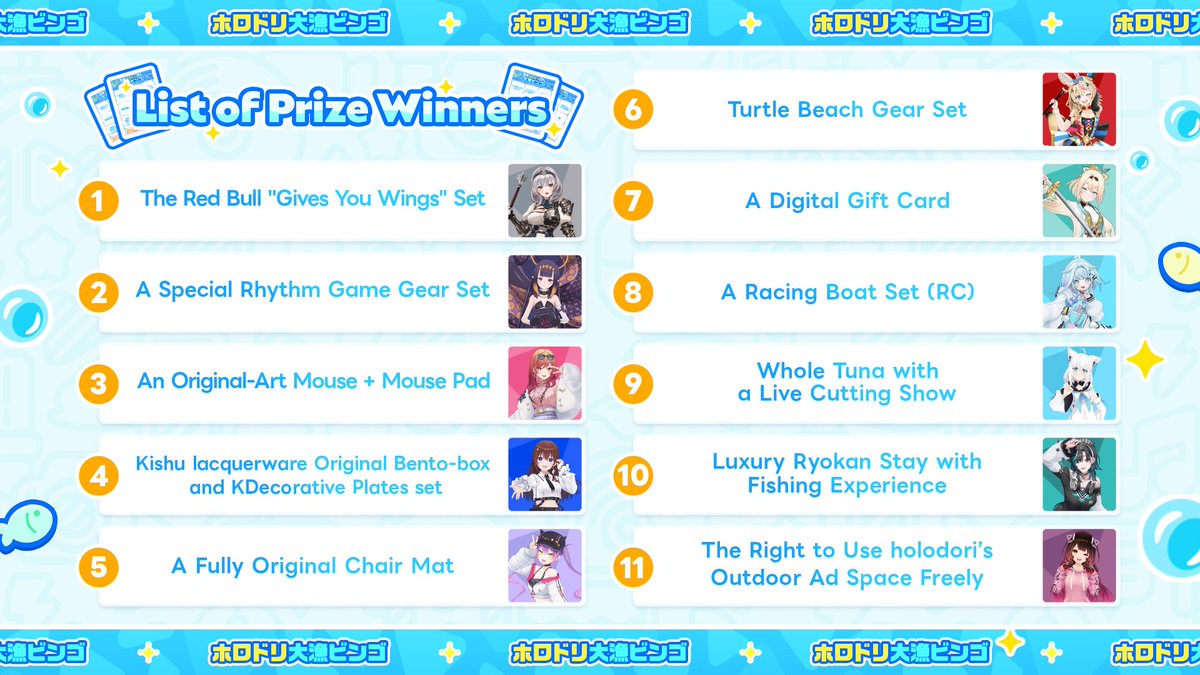 holo_dreams_en's tweet photo. /／
The "holodori Huge Haul Festival Bingo" Prize Drawing Results are in!🎉
\＼

The talents took on the "holodori Huge Haul Festival Bingo" challenge!
See the results of the prize drawing here✨

🎁Check the image to see the winners of each prize!

#holodori https://t.co/GQiaWivAOJ