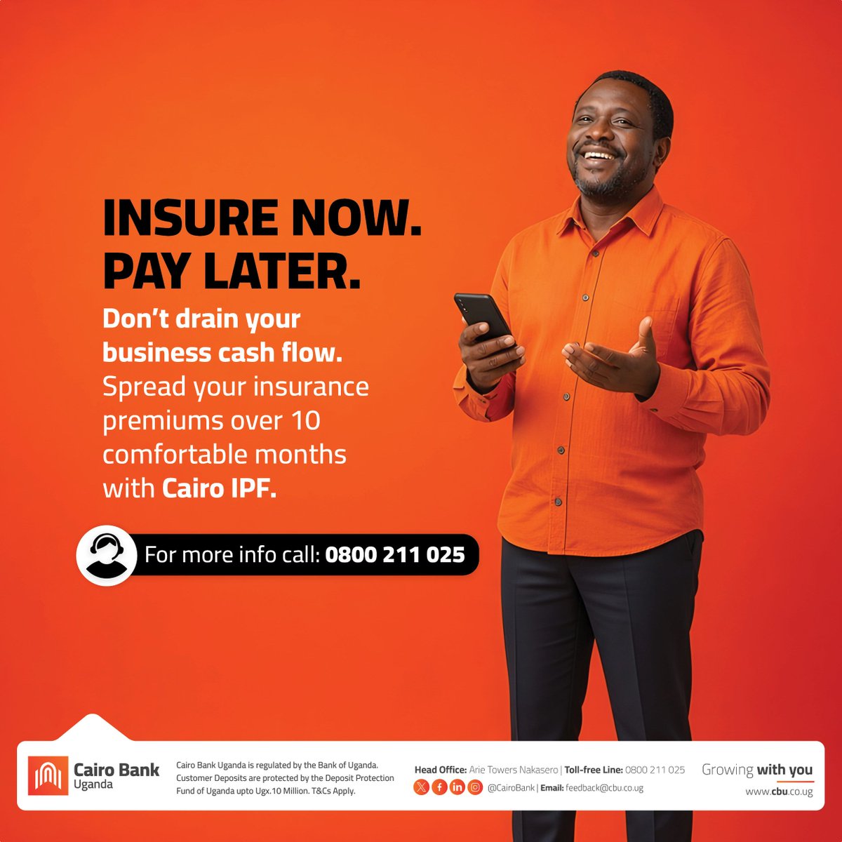 CairoBank's tweet photo. Annual insurance premiums are huge. Paying them all at once can cripple your working capital. We pay your insurance company upfront, and you pay us back in monthly installments over 10 months. Talk to our SME team today. Call us: 0800 211 025

#IPF #SMEBanking #CairoWay #GrowingWithYou