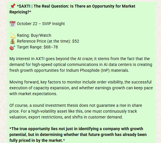 OwenCarter0el's tweet photo. 📌 $AXTI — The market may be underestimating its potential.

AI-driven demand for InP materials could create a repricing opportunity.

💰 Reference: $52
🎯 Target: $68–78
Watching earnings closely. Execution is what matters. 👀 https://t.co/GyO7aOa3wu