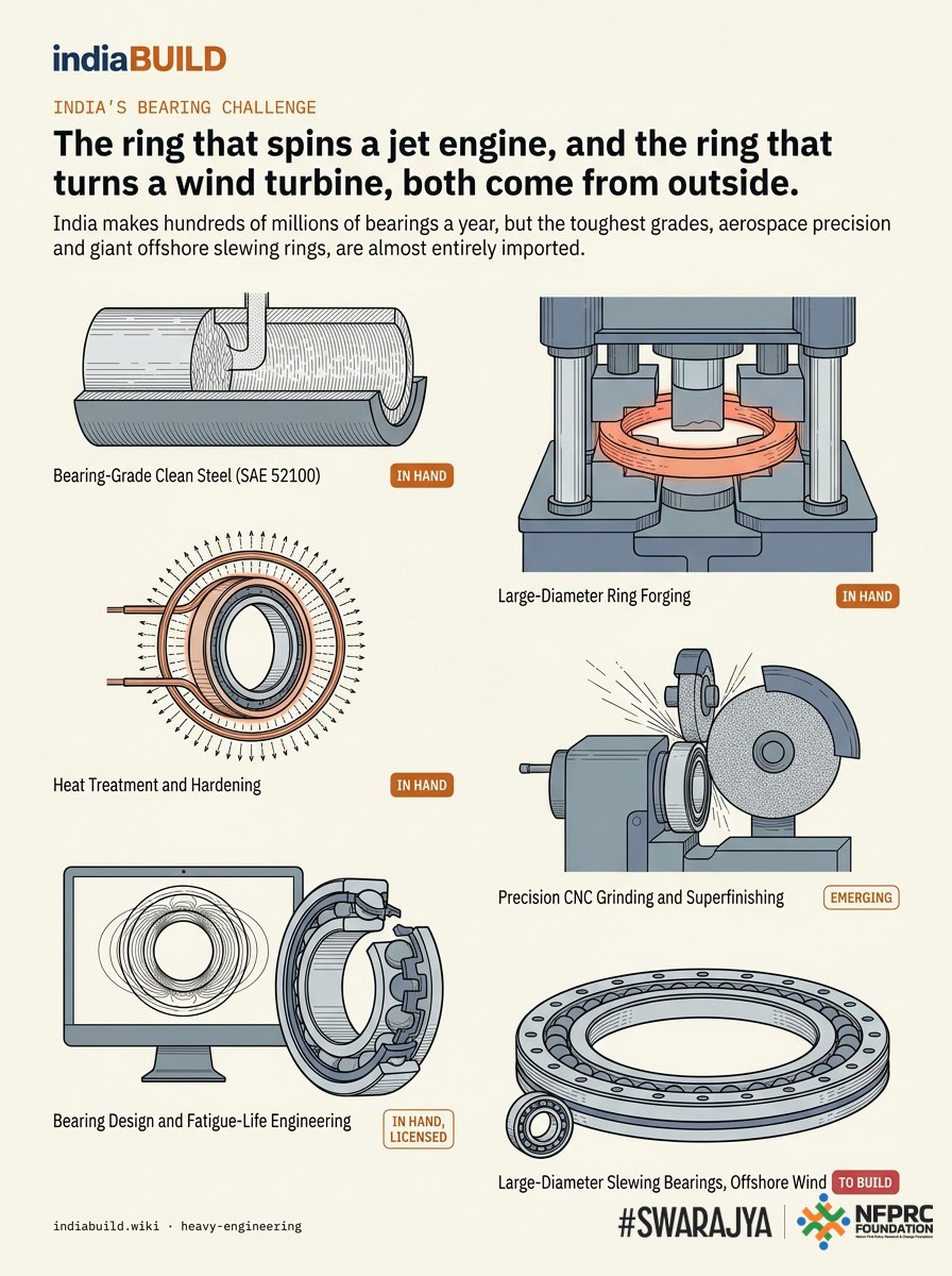 SwarajyaMag's tweet photo. India makes hundreds of millions of rolling-element bearings a year. But the toughest grade rings to spin a jet engine or turn a wind turbine are almost entirely imported. 

So, where do the gaps lie?

 🧵  @indiaBUILDwiki https://t.co/cMS1FDzwfH