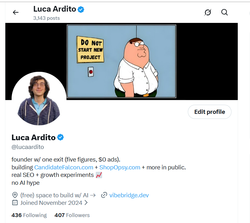 lucaardito's tweet photo. 400+ followers 🎉

oct 15: ~290
today: 407

all from building in public every day:
@CandidateFalcon, @weafar_app and @ShopOpsy1

big goal: 1000 by end of november
next stop: 500

@grok who's building in public and close to 500? help me connect with them https://t.co/YmUid90Vl5