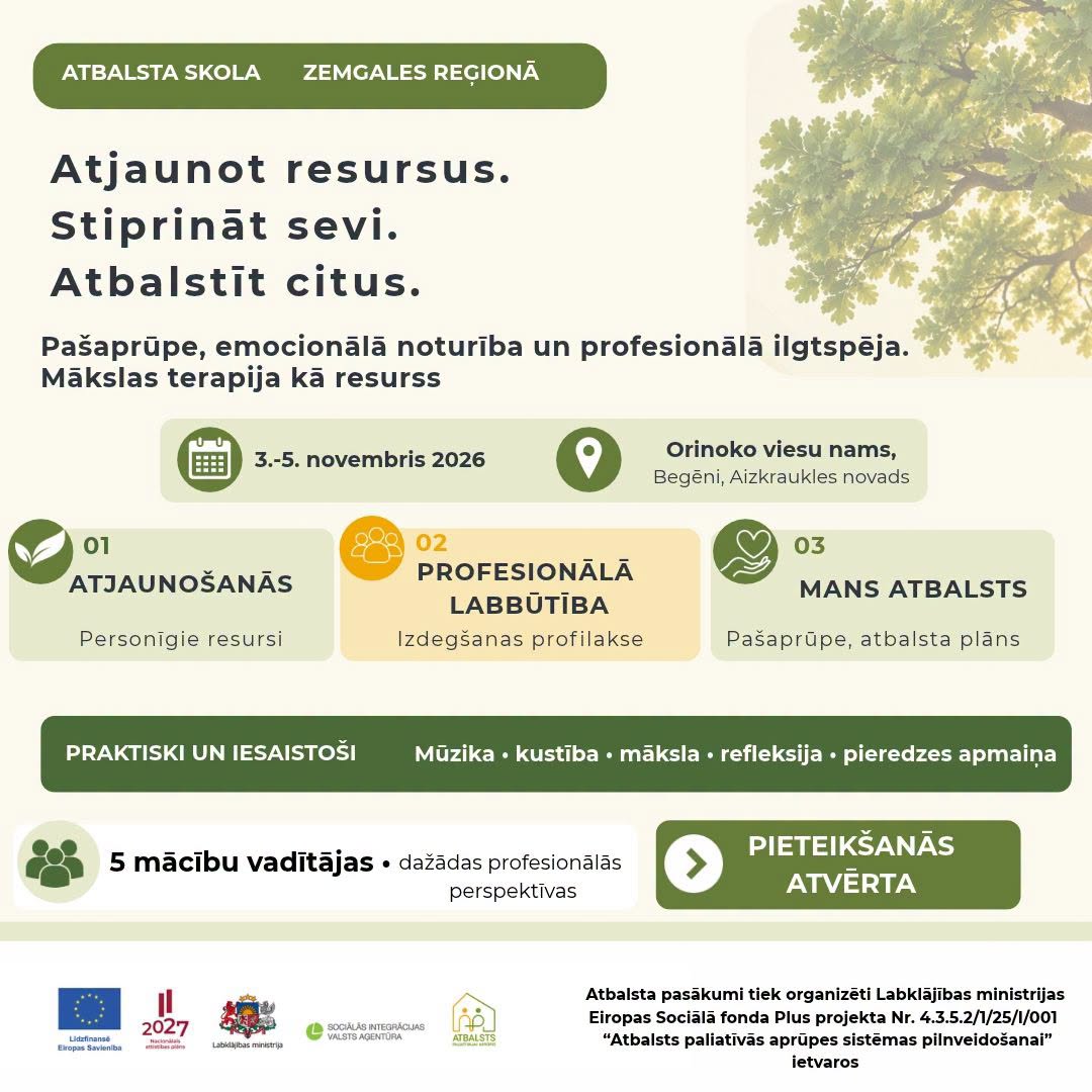 Lab_min's tweet photo. Atjaunot resursus. Stiprināt sevi. Atbalstīt citus.
3. novembrī līdztekus konferencei sāksies arī Zemgales reģiona Atbalsta skola – trīs dienu praktiskas un iesaistošas mācības veselības un sociālās aprūpes speciālistiem, kuri ikdienā strādā ar paliatīvās aprūpes pacientiem.
Mācībās stiprināsim komunikācijas, sadarbības un konfliktu risināšanas prasmes, vienlaikus pievēršoties emocionālajam līdzsvaram un profesionālajai labbūtībai. Interaktīvas lekcijas papildinās praktiski vingrinājumi, diskusijas, situāciju analīze, lomu spēles, pašrefleksija un pieredzes apmaiņa.
Mācības vadīs piecas dažādu jomu profesionāles, apvienojot pieredzi mūzikas terapijā, deju un kustību terapijā, mākslas terapijā un onkoloģijas aprūpē.
📷 Pieteikšanās atvērta: https://t.co/dCRAzs6afN
📷Plašāk par Atbalsta skolu un tās programmu: https://t.co/QHwbdktPDf

Atbalsta skola tiek organizēta Eiropas Sociālā fonda Plus projekta Nr. 4.3.5.2/1/25/I/001 “Atbalsts paliatīvās aprūpes sistēmas pilnveidošanai” ietvaros.
#ESfondi | #Labklājībasministrija
