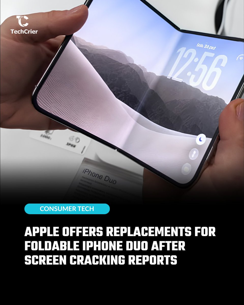 techcrier's tweet photo. A cracked screen just days after launch?
Apple says a small number of its new iPhone Duo devices have inner-display problems.
Would you still buy a foldable iPhone? 

Read More on TechCrier:
https://t.co/uLzqL2iiap

#TechCrier #Apple #iPhoneDuo #Crackgate #TechNews https://t.co/7Mq3msm4Hr