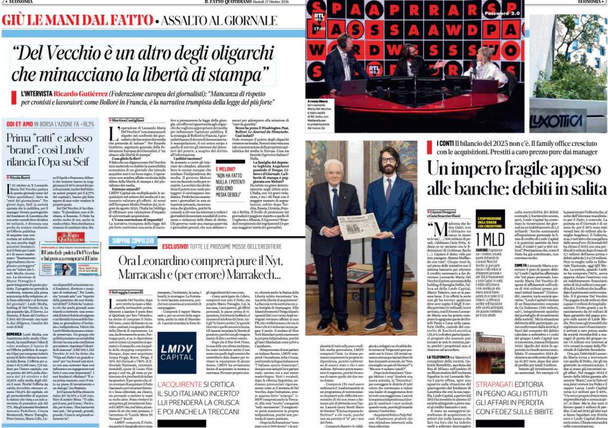MCapisani's tweet photo. Ciclone Del Vecchio jr sul Fatto Quotidiano?
Il titolo si sgonfierà, la quota di maggioranza rimarrà a chi ce l'ha già ma forse il giornale ne uscirà galvanizzato: il nuovo martire della Stampa Libera.
Speriamo con effetti positivi sulle copie https://t.co/9QQloa5lXL