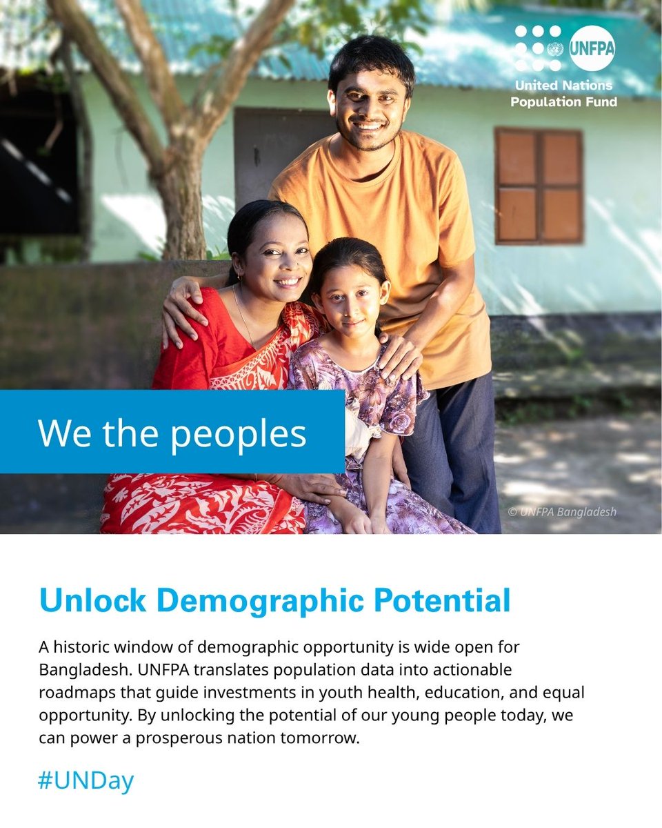 UNFPABangladesh's tweet photo. Eighty-one years ago, the promise was made to people. From a midwife at 3 a.m. to a safe space after a flood, UNFPA is here to support every woman, girl, and young person in Bangladesh.   

#UNDay #wethepeoples #bettertogether 
@UNinBangladesh https://t.co/hu8yPt4dQU