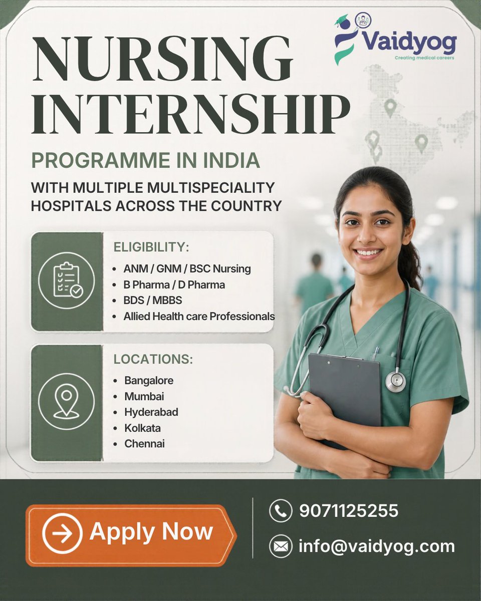 VaidyogOfficial's tweet photo. 🩺 Start your healthcare career with Vaidyog’s Nursing Internship Programme!
Opportunities in Bangalore, Hyderabad, Chennai, Mumbai & Kolkata.
Eligible: ANM, GNM, BSc Nursing & allied professionals.
Apply now!
📞 9071225255
#Vaidyog #Nursingintern https://t.co/T4SIP0IFSD