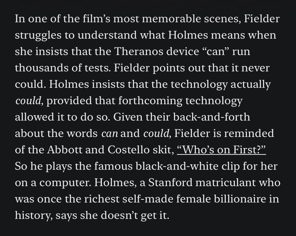 DKThomp's tweet photo. It’s a very good movie but if your takeaway is that Elizabeth Holmes might be a neurodivergent victim I think you have forcibly disconnected yourself from reality. 

More specifically, she *obviously* gets The Who’s on First joke—and is profoundly motivated to pretend she doesn’t.