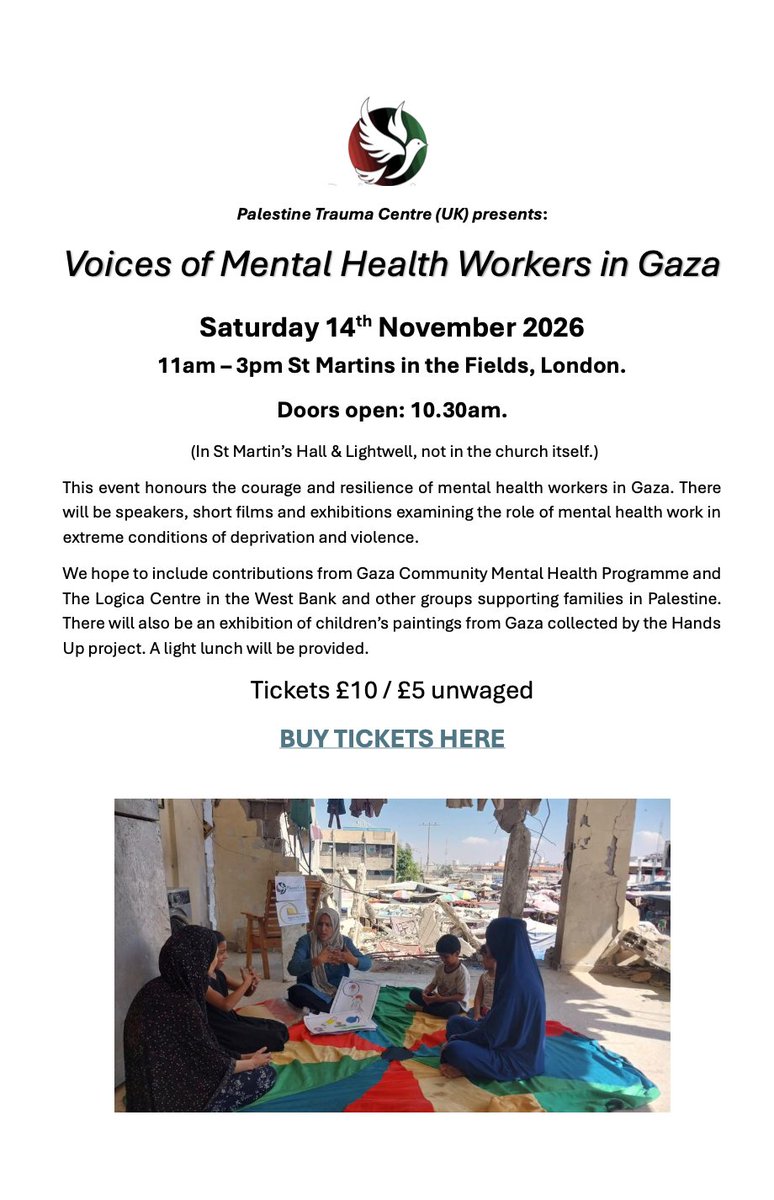 HandsUpProject's tweet photo. Join the Palestine Trauma Centre (UK) on 14 November in London for Voices of Mental Health Workers in Gaza, featuring speakers, short films, and children’s paintings from Gaza collected by The Hands Up Project.
 Tickets: £10 / £5 concessions
Book here: https://t.co/ocHTP7Gc2M https://t.co/zk1AXVUR1d