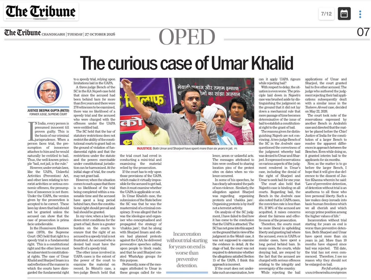 kaushikrj6's tweet photo. After Justice Lokur, and Justice Sudhanshu Dhulia, another former Supreme Court judge- Justice Deepak Gupta- highlights the injustice being done to Umar Khalid and Sharjeel Imam.

Everybody will realise one day the kind of injustice these two scholars went through. https://t.co/Z2aVlbfwUC