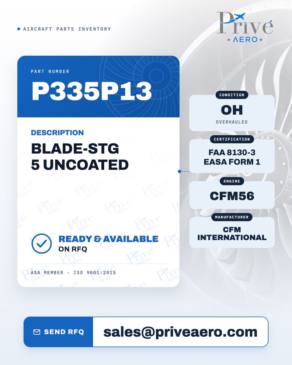 priveaero's tweet photo. Now listed: P/N P335P13 ✈️
BLADE-STG 5 UNCOATED
Overhauled (OH) · FAA 8130-3 / EASA Form 1 · CFM56
👉 https://t.co/Of8bH0VhY0
📩 Have an RFQ? Send it to sales@priveaero.com
#CFM56 #Aircraft #JetEngine https://t.co/xj4KQZqsXN
