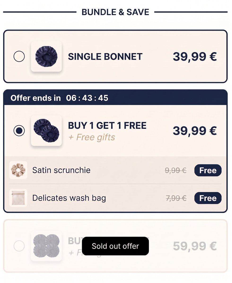 bambino_moon's tweet photo. voici un des bundles qui convertit le mieux ce mois ci 🤑

1 bonnet seul : 39,99€
2 bonnets + 2 cadeaux : 39,99€

tu ajoutes un timer sur le pack du milieu et une offre « sold out » juste en dessous

résultat : prendre un seul bonnet devient absurde

app shopify : moonbundles https://t.co/0hnsSBBwJY
