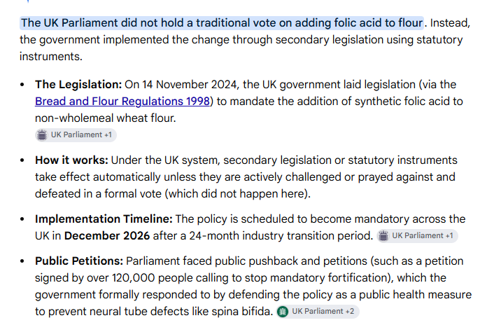 UnityNewsNet's tweet photo. Did you know that Folic Acid was mandated to be added to Flour without a parliamentary vote using secondary legislation?

Not one MP raised the point at the time in order to introduce a 'prayer motion' to try and halt it?

Since then only Rupert Lowe has come out and backed a petition by Dr Clare Craig which is another method to halt the process.