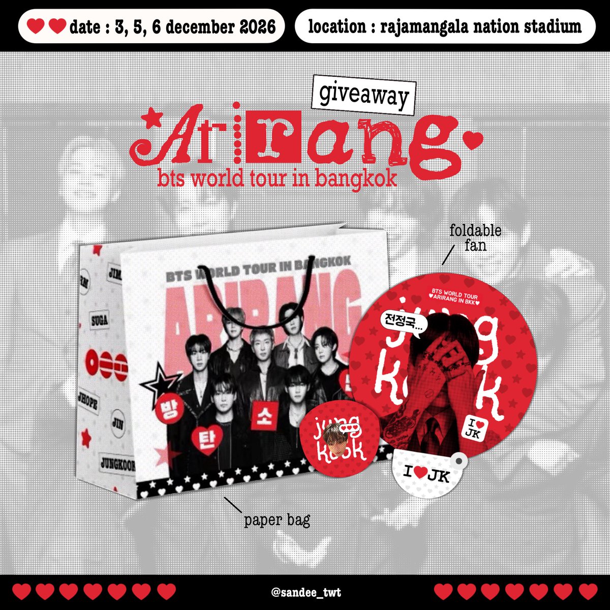 sandee_twt's tweet photo. Giveaway #แสนดือกอว ❤️🖤 #BTS_WORLDTOUR_BANGKOK 

📍 ราชมังคลากีฬาสถาน
📆 3,5,6 ธันวาคม 2569
💜 ใครเจอเรามาเอากอวได้เลยน้า ไปทั้ง3วันค่า…เจอกันน้า

🎨ออกแบบโดย #juungcms https://t.co/L6rvENJYvg