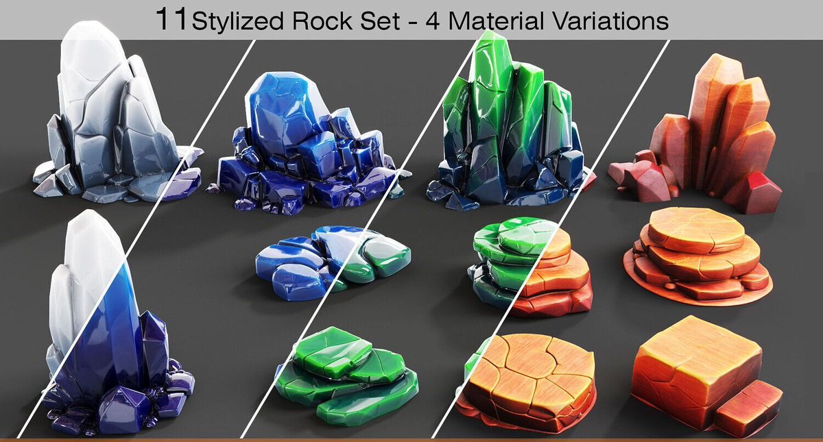 Cubebrush's tweet photo. Morteza Fatehi's Stylized Rock Set features 11 unique stylized rock assets with 4 different material variations. Perfect for fantasy environments, stylized games, and real-time projects. https://t.co/h2nSOVut2w

#digitalart #gameassets #gamedesign #environmentart #art #3dart https://t.co/6onnOh8xRs