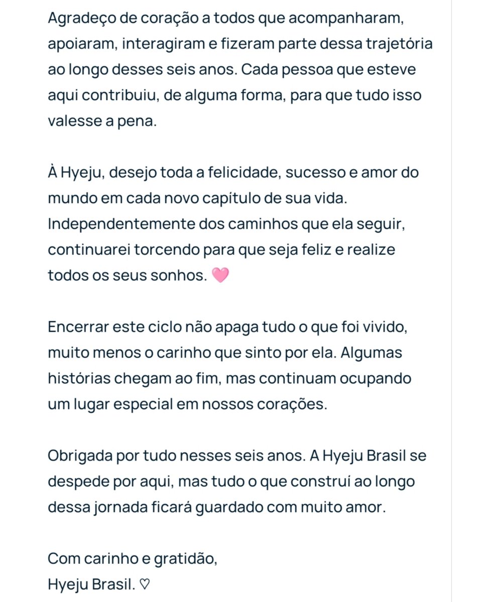 HyeJuBR's tweet photo. Obrigada por tudo nesses seis anos. A Hyeju Brasil se despede por aqui, mas tudo o que construí ao longo dessa jornada ficará guardado com muito amor.❤️ https://t.co/V1FCSjJp3W
