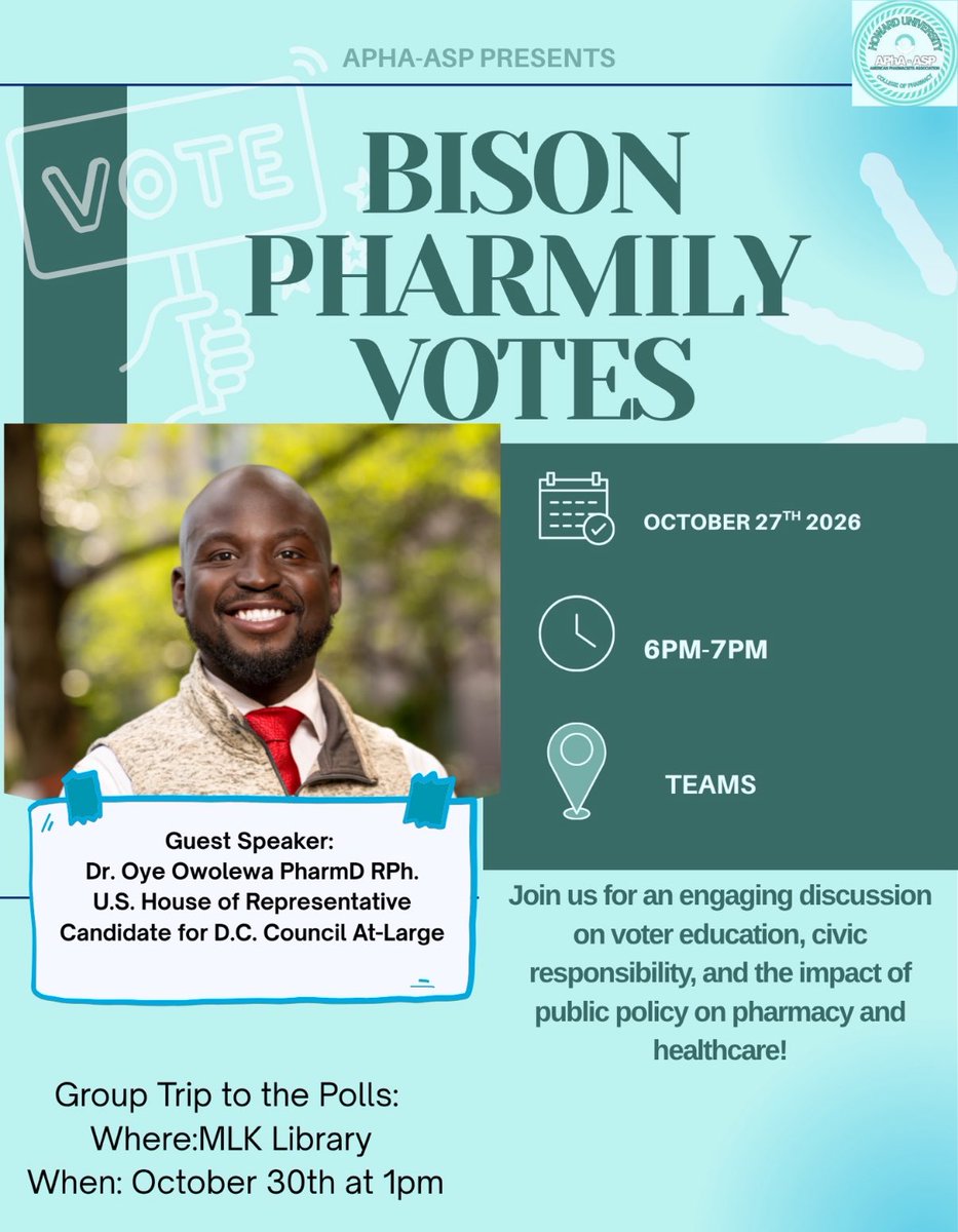 repoyedc's tweet photo. 🗳️Your voice matters!

I’m excited to join Howard University’s APHA-ASP chapter for Bison Pharmily Votes! 🦬

Looking forward to an important conversation about voter education, civic engagement, and how public policy impacts pharmacy and healthcare.

📅 October 27 | 6–7 PM
💻 Microsoft Teams

APHA-ASP will also host a group trip to the polls on October 30 at 1 PM at MLK Library! 🗳️

Let’s stay informed, engaged, and empowered to make a difference!

#BisonPharmilyVotes #APHAASP #CivicEngagement #PharmacyAdvocacy