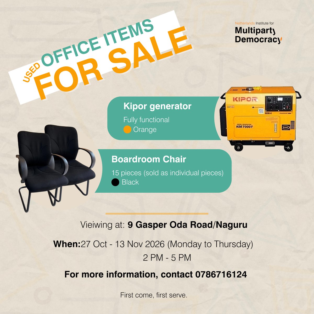 NimdUganda's tweet photo. NIMD Uganda Office Clearance.
We’re selling a few items from our office:

🔸Boardroom chairs - 15 available (priced per chair)
🔸Generator  - 1 unit available

Interested? DM or call 0786716124 for pricing and to arrange a viewing at our Kampala premises from 27 Oct to 13 Nov 2026, between 2 PM and 5 PM, Monday to Thursday.