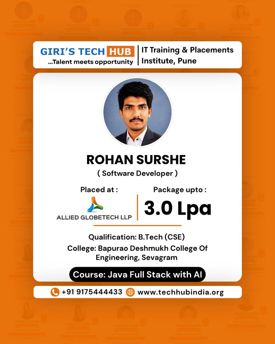 HubGiri's tweet photo. 🎉 Congratulations, Rohan on Your Job Offer! 🎉

#Placement2026 #ITJobs #Placements #JavaFullStack #JavaFullStackDeveloper #GirisTechHub #CareerSuccess #ITCareer #JavaDeveloper #AIML #DataAnalytics #DataScience #GenAI #AgenticAI #PlacementSupport #ChhSambhajinagar #Pune https://t.co/V311qI8K0j