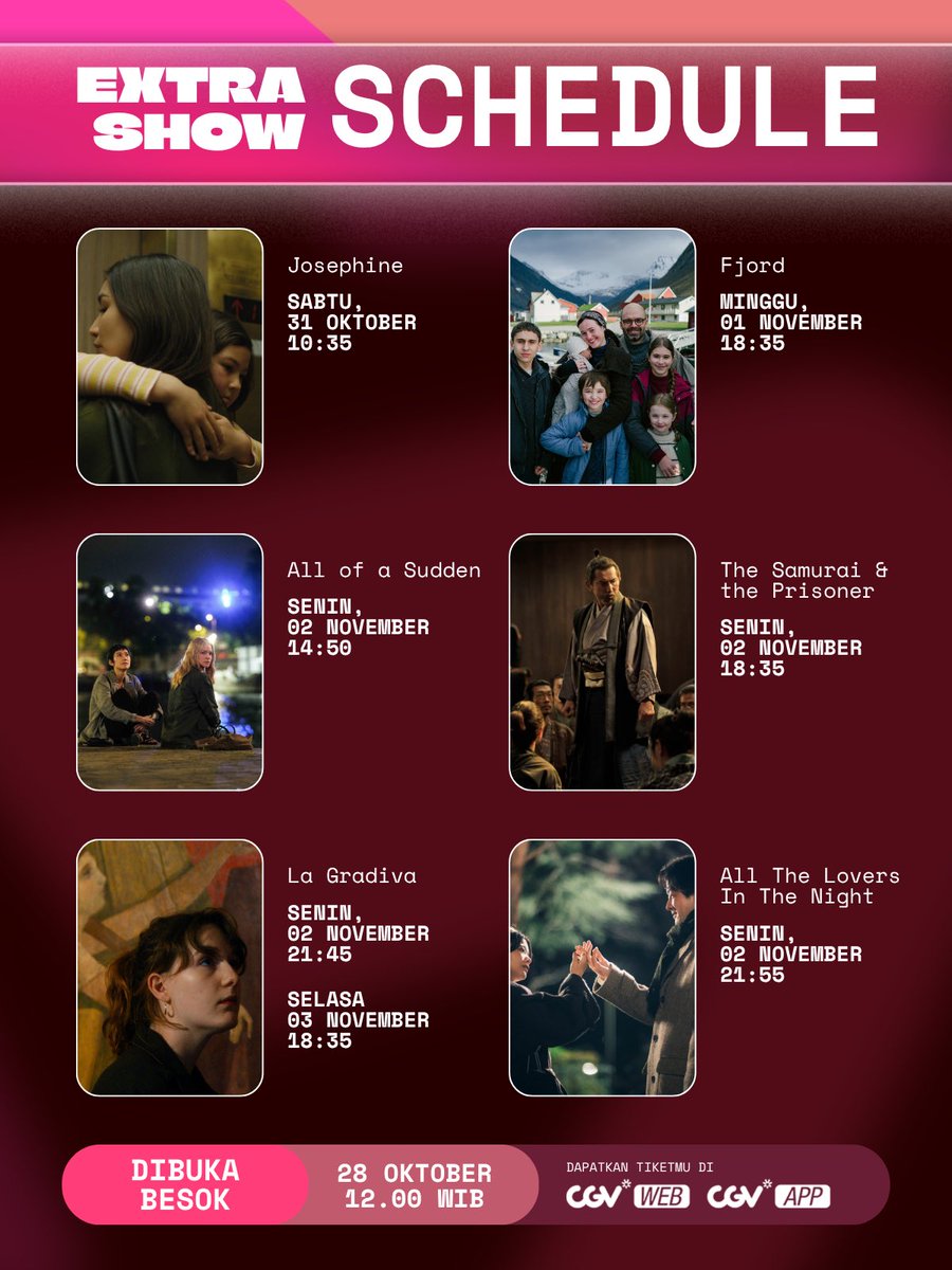 jktworldcinema's tweet photo. BERIKUT JADWAL EXTRA SHOW! 

Rincian jadwal tambahan untuk film-film #JWC2026 sudah bisa kamu cek.
Catat tanggal &amp; jam tayangnya, lalu amankan tiketnya besok siang, jam 12.00 WIB, sebelum kehabisan!

Tiket tersedia melalui CGV App dan website CGV.

Sampai ketemu di bioskop! https://t.co/tEk65oWyf8