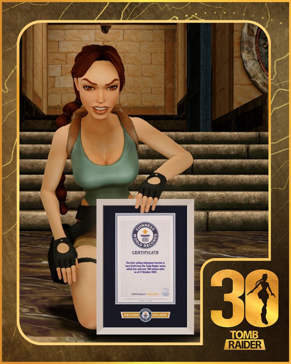GWR's tweet photo. Happy 30th anniversary to the Officially Amazing Lara Croft! 🥳

First shaking up the gaming scene in October 1996, the @tombraider series hit its 30th anniversary this month - an incredible achievement that few franchises celebrate!

As everyone's favourite action hero archaeologist, it's no surprise that the lionhearted Lara has a few world records under her legendary belt. Our favourite is probably that she's the best-selling videogame heroine.

Over 100 million Tomb Raider games have been sold since Lara first set out from Croft Manor 30 years ago.

She's blazed a trail for gaming girls everywhere, and stands shoulder to shoulder with other greats of videogaming like Metroid's Samus Aran and Aloy from Horizon Zero Dawn.

We can't wait to see what the future holds for Tomb Raider and Lara Croft. If you ask us, she's pretty darn iconic… Here's to another 30 years!
