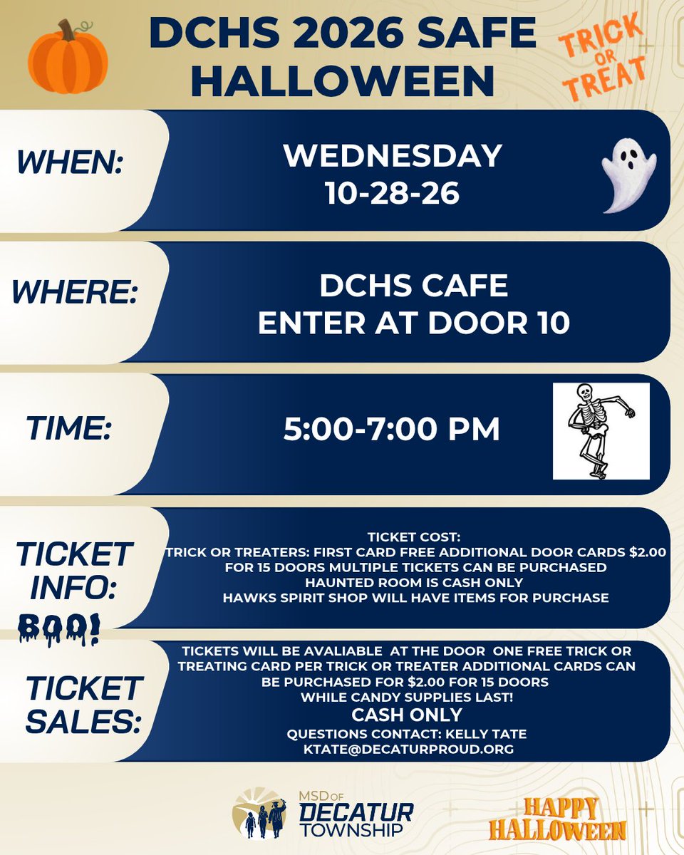 MSDDecatur's tweet photo. 📣 Attention Decatur Township Families and Community:

The annual Decatur Central High School Safe Halloween event is TOMORROW, 10/28, 5-7 PM! This year, all Trick or Treaters will receive their first card FREE! 
📍DCHS Enter at Door 10
💲Cash only extras available

#DecaturProud https://t.co/rVJNuyFsHe