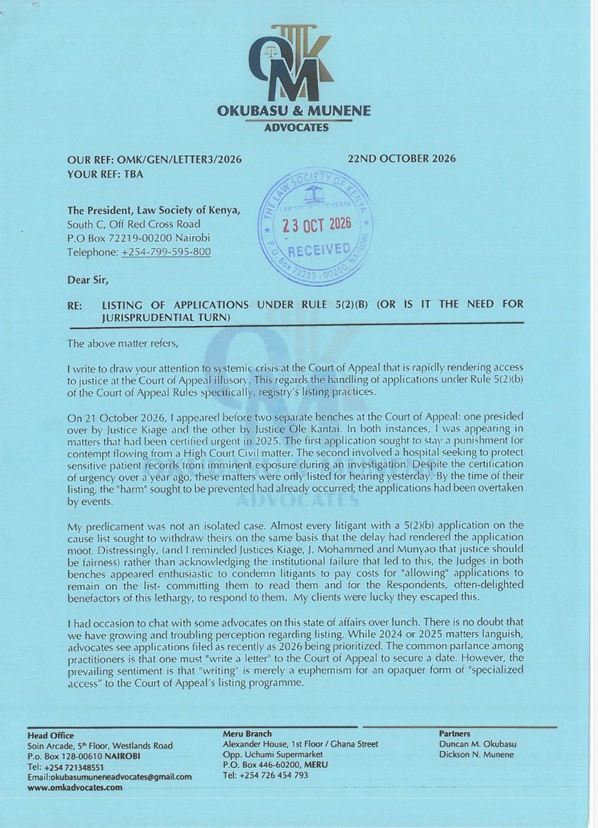 NelsonHavi's tweet photo. President of the Court of Appeal, Mr Justice Gatembu Kairu,

No doubt you have seen and read this telling tale of the tribulations of all of us, exemplified in the sufferings of Dr Duncan M O’Kubasu. 

Your predecessor had undertaken, subject to the already concluded recruitment of more Judges of the Court of Appeal, to have 5 2 B applications determined within 60 days of filing, and appeals within 12 months of filing. This has to implemented without any further delay. The @Kenyajudiciary and @ckanjama should ensure that this is done.
