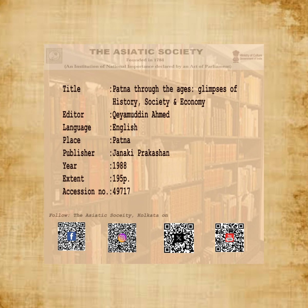 asiatic_society's tweet photo. Book of the Day
Title: Patna through the ages: glimpses History, Society & Economy
#book #library #India #english #Kolkata https://t.co/NBwUNzgtQd