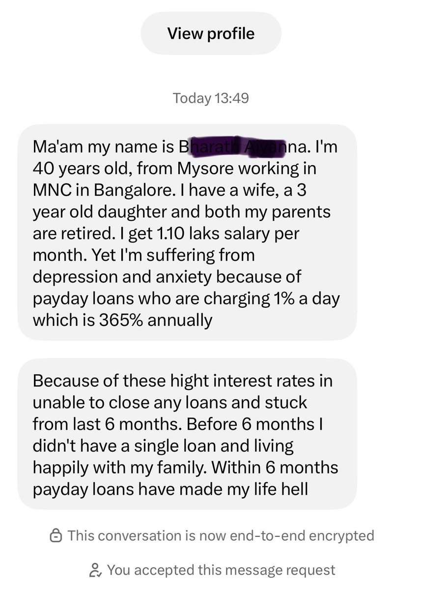 aarushisharmaX's tweet photo. 🚨 INDIA’S PAYDAY LOAN TRAP: ₹1.10 LAKH MONTHLY SALARY, YET DROWNING IN DEBT!

A 40-year-old salaried professional contacted us with a very disturbing account.

He earns ₹1.10 lakh a month. Yet within just SIX MONTHS, he says he accumulated approximately ₹14 lakh in payday loans.

How?

He alleges that some payday loan lenders (basically apps) charge 1% interest PER DAY — equivalent to 365% annually on a simple-interest basis while demanding repayment within 30 days.

He says repayment dates sometimes fall just before his salary arrives.

Unable to clear the entire amount, he takes another loan to repay the previous one.

BORROW → REPAY → BORROW AGAIN → SINK DEEPER.

He says banks have rejected his applications for a longer-term consolidation loan, leaving him struggling to escape the cycle.

What disturbed me most was his description of the emotional toll. He says six months ago he was living happily with his family. Today, he is struggling with severe financial stress and losing hope.

This is not merely a story about debt. It is a warning about how short-tenure, high-cost lending can devastate financial stability.

@RBI @FinMinIndia  serious questions demand answers:

Are these lending arrangements compliant with applicable RBI rules?
Are borrowers receiving transparent disclosures of the annualised cost of credit?

Who is monitoring complaints of coercive recovery and misuse of borrowers’ personal data?

What effective remedies exist for people trapped in repeated loan rollovers?

A stable salary should not become a gateway to financial ruin.

The borrower has requested anonymity, which we are respecting.

#LoanAppAtyachar #PaydayLoanTrap #BorrowerRights