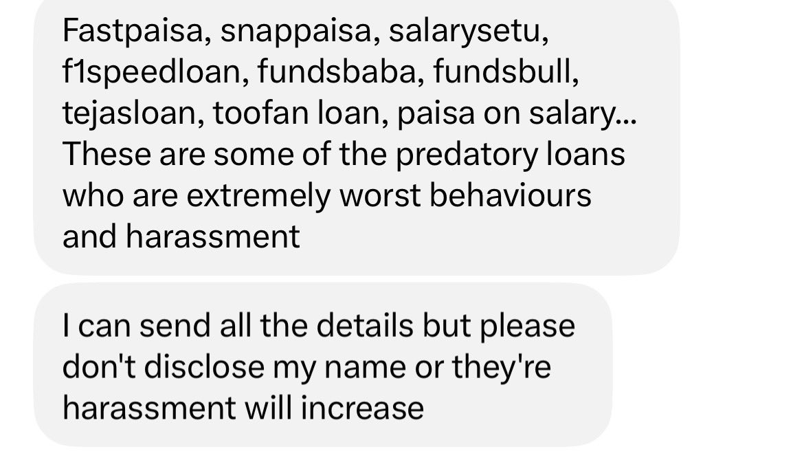 aarushisharmaX's tweet photo. 🚨 THE LENDING PLATFORMS NAMED BY THE BORROWER

FastPaisa, SnapPaisa, SalarySetu, F1SpeedLoan, FundsBaba, FundsBull, TejasLoan, Toofan Loan and Paisa on Salary.

The borrower alleges extremely high borrowing costs, short repayment windows and distressing recovery practices.

We are seeking clarification from these platforms. Their individual lending terms, regulatory status and alleged conduct have not yet been independently verified.

@RBI @FinMinIndia — please examine these complaints and identify the regulated lenders, if any, operating behind these platforms.

Who is responsible when borrowers become trapped in repeated high-cost loans?

#LoanAppAtyachar